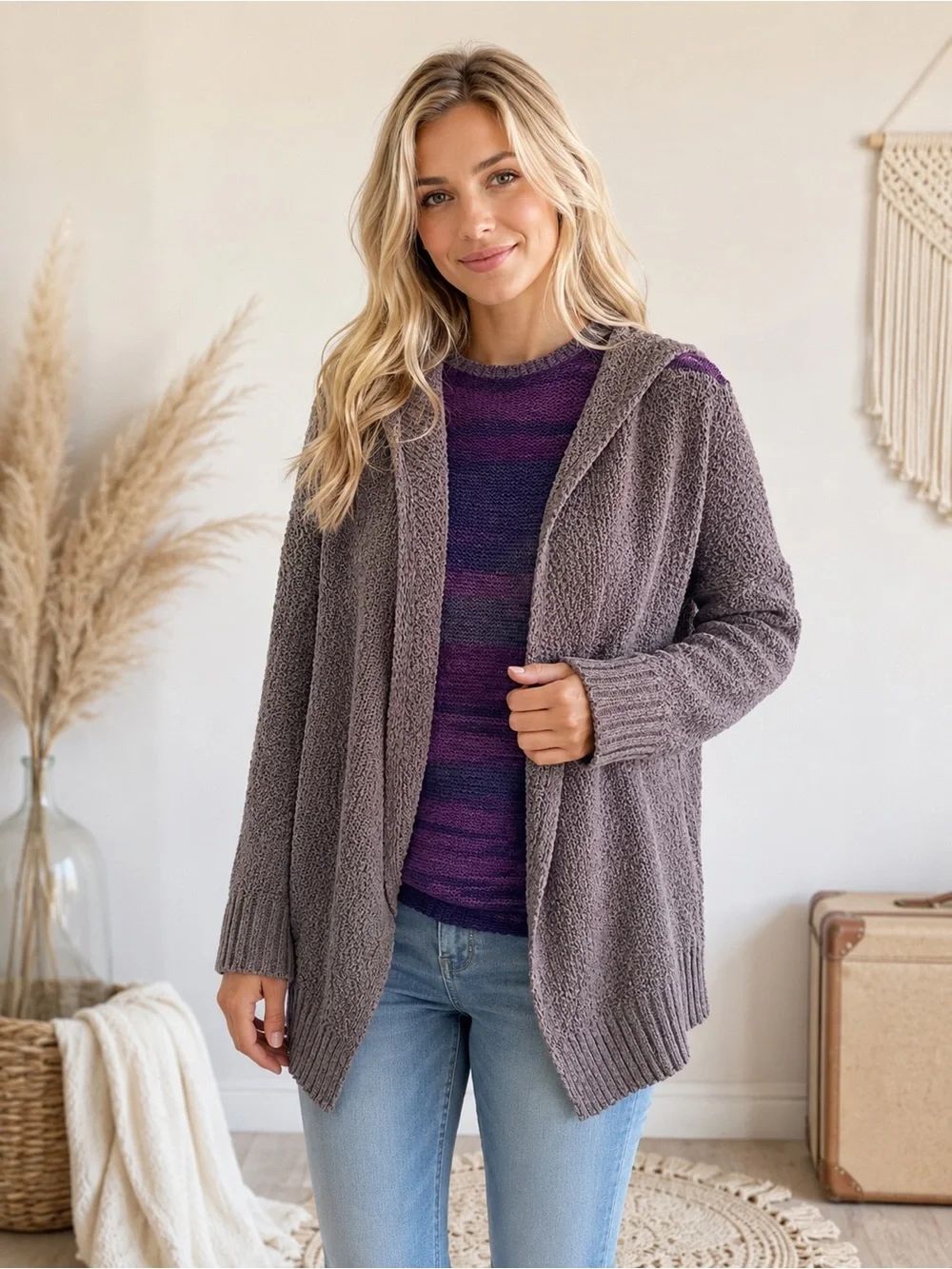 Curio Open-Front Hooded Cardigan in Dusty Gray and Purple